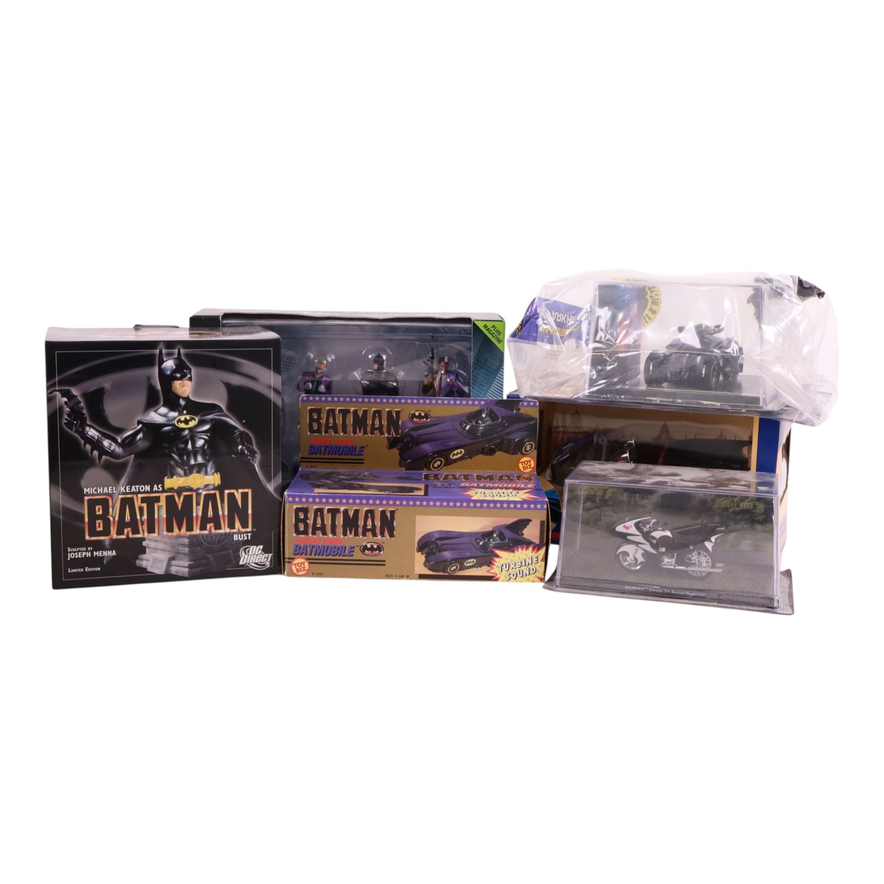 Batman figures and models, comprising Eaglemoss Batman 75th Anniversary Masterpiece Collection, Toy Biz Turbine Sound Batmobile, Corgi 1:24 scale Batmobile, Eaglemoss Batcycle, DC Direct Michael Keaton as Batman bust and an Eaglemoss Batman Automobilia Collection Special Edition Arkham Knight Video Game Batmobile, all boxed