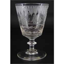 19th century glass rummer, the bucket shaped bowl engraved with two masted ship passing beneath Sunderland bridge, inscribed beneath 'Sunderland Bridge', and verso 'A W Thomas', upon a bladed knopped stem and spreading circular foot, H12.5cm