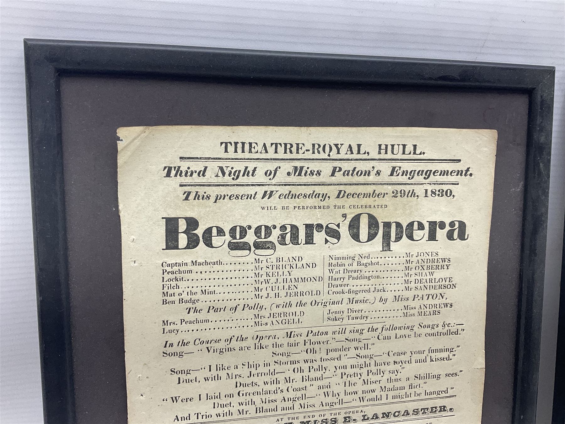 Two framed advertising posters, the first example titled 'Johnson's Correct List of Beverley Races, 1840', the second titled 'Theatre-Royal, Hull. third Night of Miss Paton's Engagement. this present Wednesday, December 29th, 1830, will be performed the celebrated Beggars' Opera', overall including frames H38.5cm W26cm