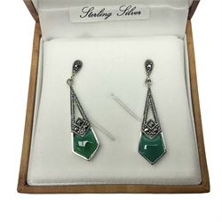Pair of silver green agate and marcasite pendant earrings, stamped 925, boxed 