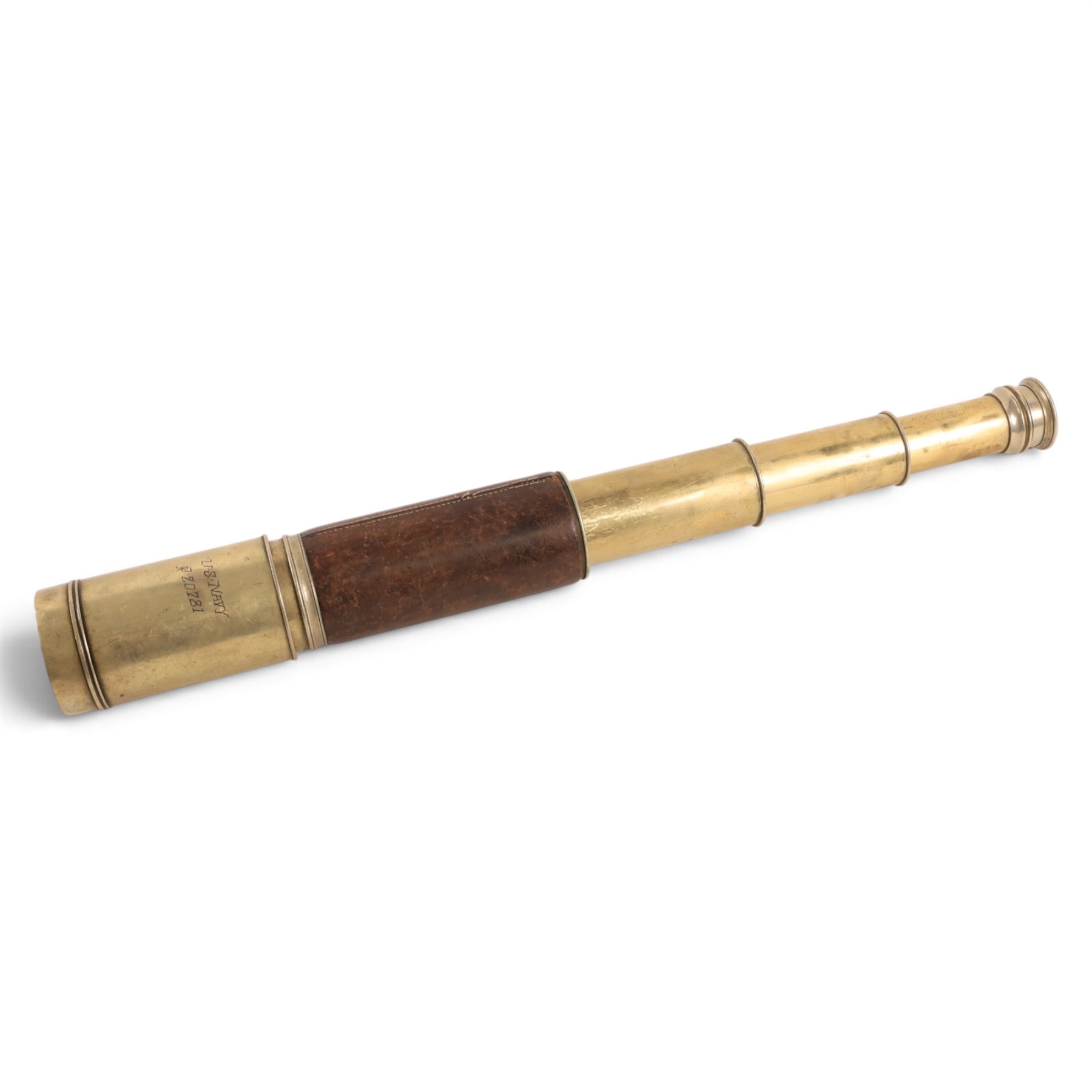Early 20th century leather-bound three drawer brass telescope, inscribed 'Presented to The United States Government by Weedon Dawes Williams 24 State Street New York January 30 1918 US Navy no.20781', full length L75cm