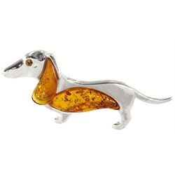Silver Baltic amber dachshund brooch, stamped 925 