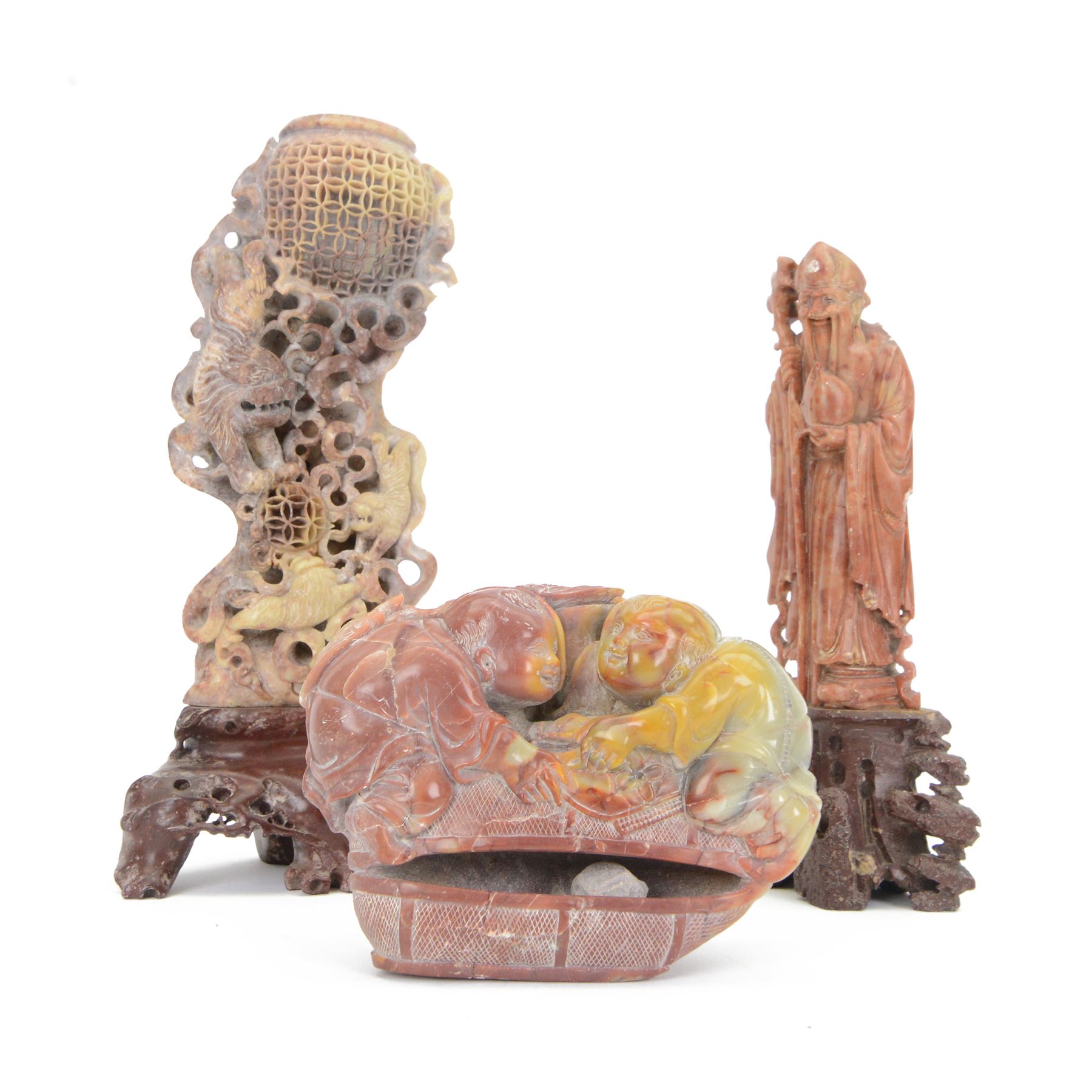 Chinese Shoushan carved and polished soapstone figure group, modelled as two men, together with Shou Lao carving and one other, largest H25cm 