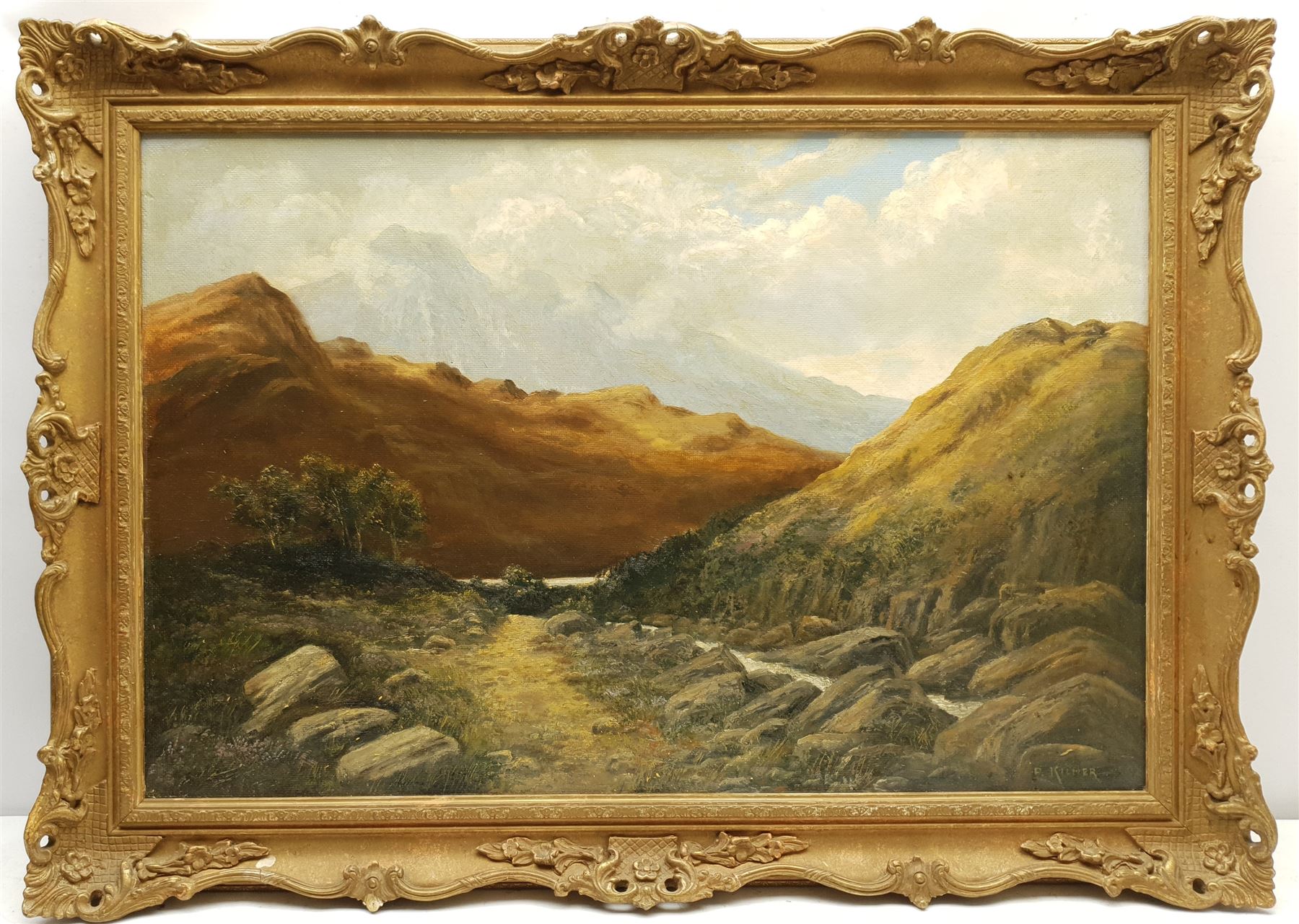 P Kilner (British 20th century): Upland River Landscapes, pair oils (one on canvas, one on board) signed 50cm x 75cm (2)