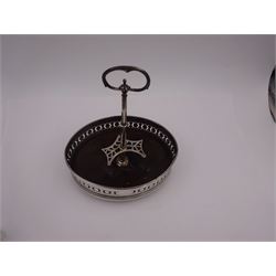 Late 18th century silver cruet stand, of oval form, with pierced sides upon four bun feet, hallmarked to handle Hester Bateman, all other hallmarks indistinct, together with five matched silver mounted cut glass cruet bottles, including some later Victorian examples, hallmarks predominantly indistinct, stand H20cm