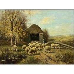 Pieter Adrianus Bouter (Dutch 1887-1968): Shepherd releasing his Flock from an Upland Shed, oil on canvas signed 59cm x 79cm