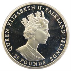 The Royal Mint Falkland Islands 1983 '150th Anniversary' sterling silver fifty pence coin and  1985 '100 Years Of Self Sufficiency' twenty-five pounds sterling silver proof coin, both cased with certificates