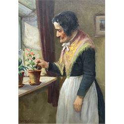 David W Haddon (British fl.1884-1914): 'Granny' Watering the Flowers, oil on board signed and dated '87, 34cm x 24cm