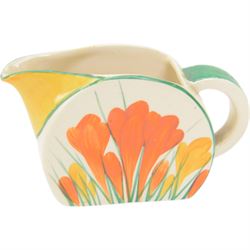 Clarice Cliff Biarritz Bonjour shape tea service for six, in Sungleam Crocus pattern, comprising teapot, milk jug, open sucrier, cups and saucers, all with printed Biarritz by Clarice Cliff  Wilkinson Ltd England beneath, teapot H20cm

