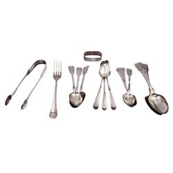 Group of Georgian and later silver flatware, comprising pair of sugar tongs, napkin ring and quantity of spoons, all hallmarked with various dates and makers, together with a silver plated fork
