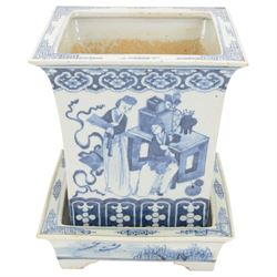 19th century Chinese blue and white planter and stand, each of square slightly tapering and flared form, the planter decorated with figures and precious objects between stylised foliate borders, the stand decorated with landscapes beneath a lipped rim with cell band, planter H28cm D25.5cm, stand H7cm D26cm
