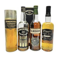 Tomintoul Glenlivet, single highland malt Scotch whisky, 1980s perfume bottling, Tomintoul Glenlivet, 8 Years Old, single malt Scotch whisky, Tamdhu, 10 year old, single malt Scotch whisky and W.M Grants, single Scotch whisky, various contents and proof 