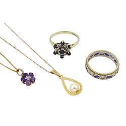9ct gold jewellery including sapphire and diamond cluster ring, paste stone set eternity ring, amethyst and diamond pendant necklace and a pearl pendant necklace