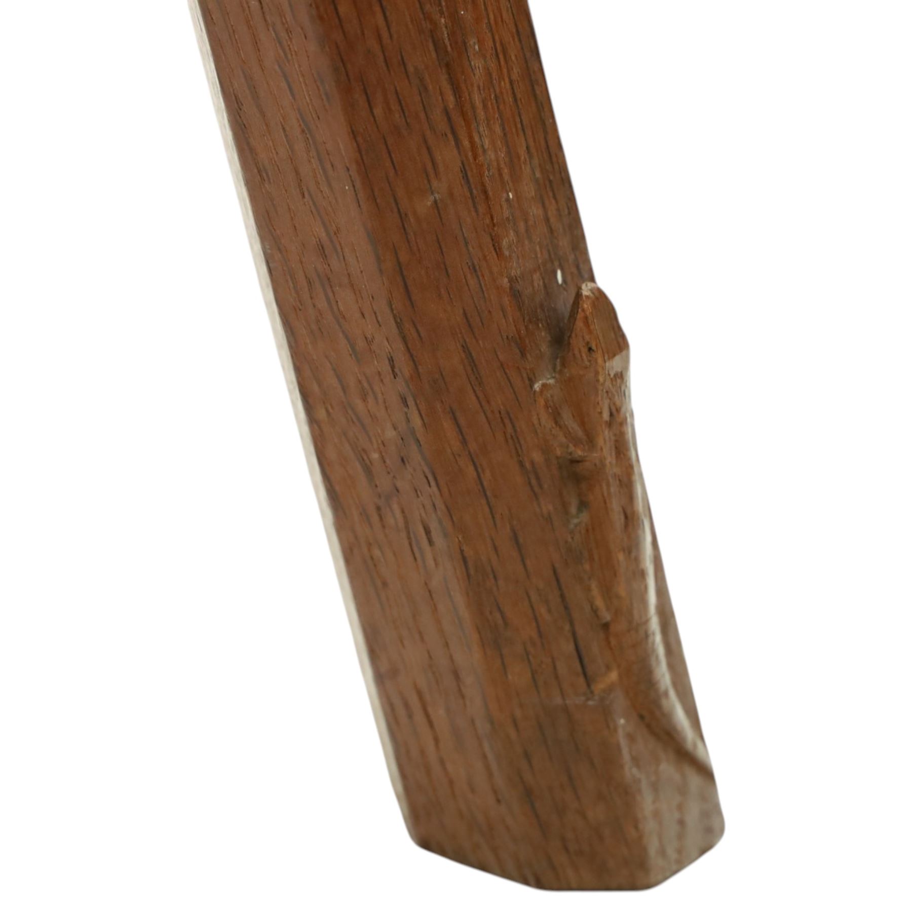 Lizardman - oak milking stool, shaped top with four octagonal supports with carved lizard signature by Derek Slater of Crayke