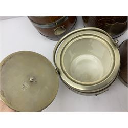 Five early 20th century biscuit barrels with silver-plated mounts