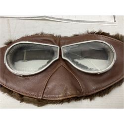 WW1 British Army Derby Scheme 1915 Attested armband; beret with East Yorkshire cap badge; pair of fur lined leather flying/motorcycle goggles; HMS Pembroke cap band; and small quantity of RNAS cloth and metal badges etc