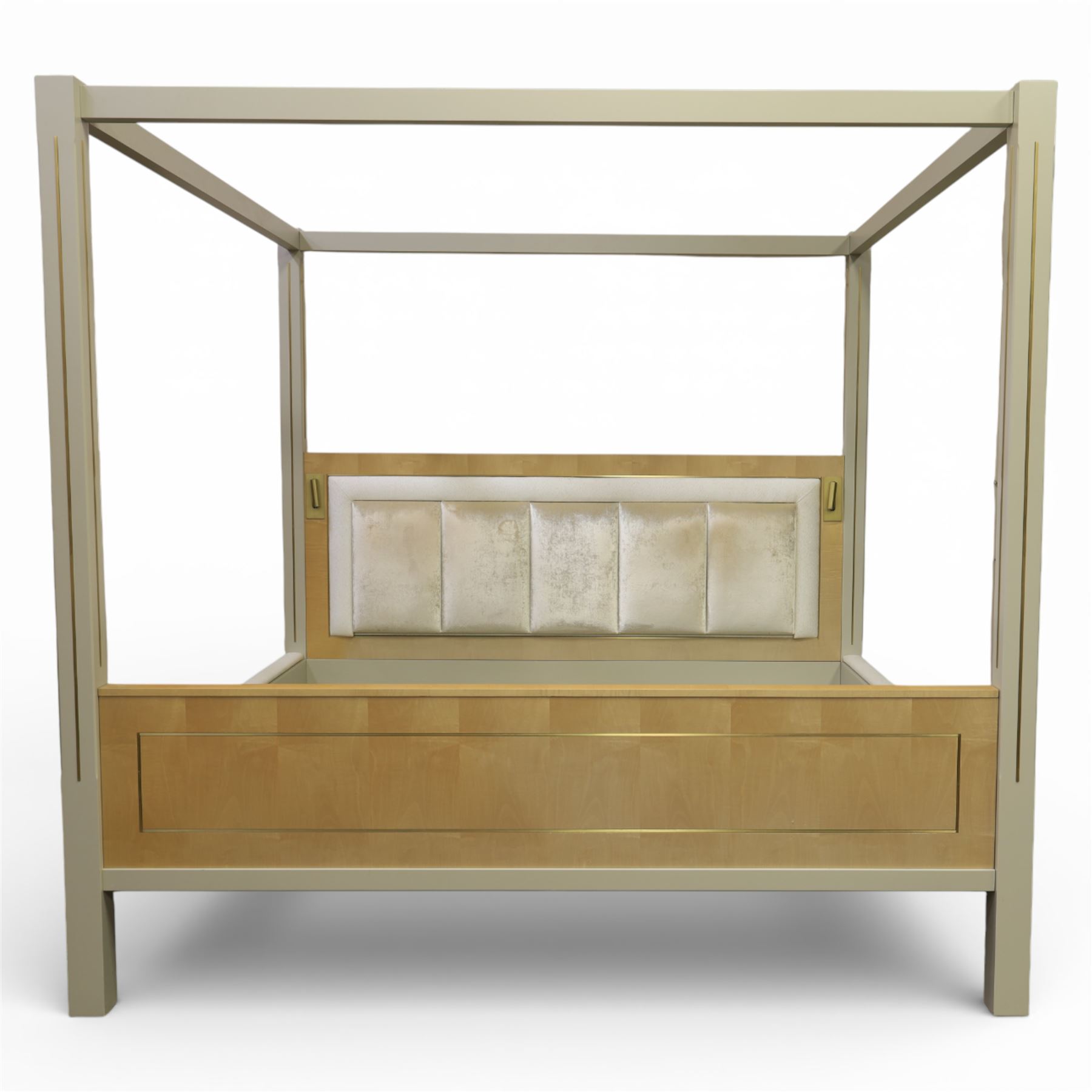 Contemporary maple and inlaid brass Emperor sized four poster bed, rectangular canopy frame with square section uprights, panelled headboard incorporating a padded upholstered inset, flanked by brass reading light fittings, low footboard with moulded panel detail, raised on square inlaid brass supports