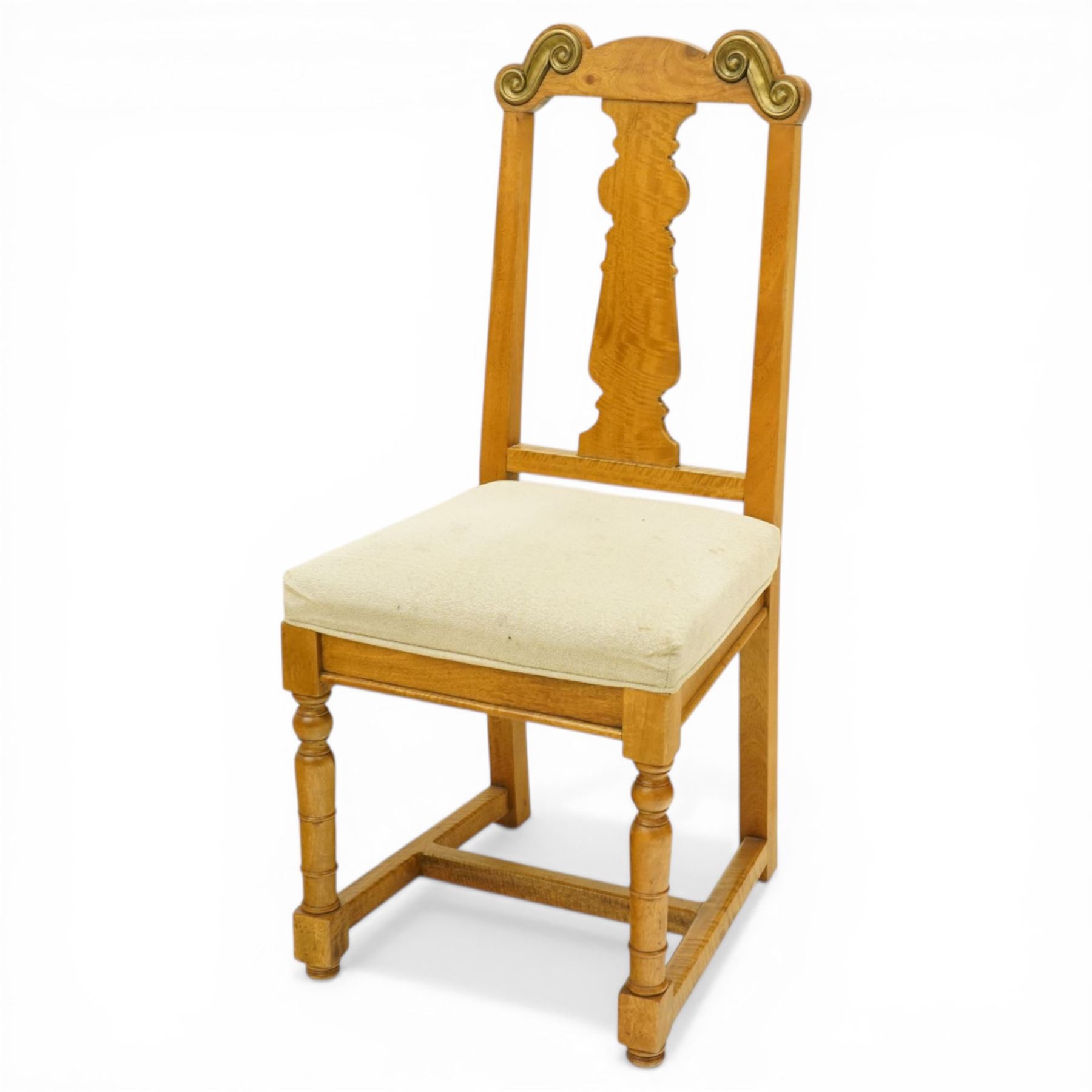 Baker Furniture - 'Baluster' range mango wood dining suite, comprising a refectory dining table raised on twin pillars with scrolled bases, with six chairs including two carvers, with gilt mounts and neutral upholstery