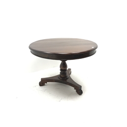 20th century classical mahogany pedestal centre dining table, single turned column on tricoil base, scrolling feet, D107cm, H75cm