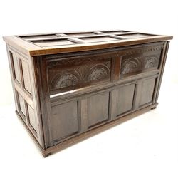 19th century large oak fielded panel crinoline chest, single hinged lid, carved front panels, stile 
