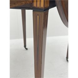 Sheraton period mahogany Pembroke table, moulded oval drop leaf top with mahogany crossbanding and central inlaid satinwood fan motif, fitted with single deep drawer, square tapering supports with ebony and boxwood stringing terminating at brass cups and castors