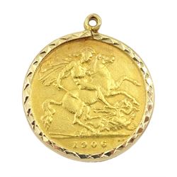 King Edward VII 1906 gold half sovereign coin, loose mounted in 9ct gold pendant, hallmarked