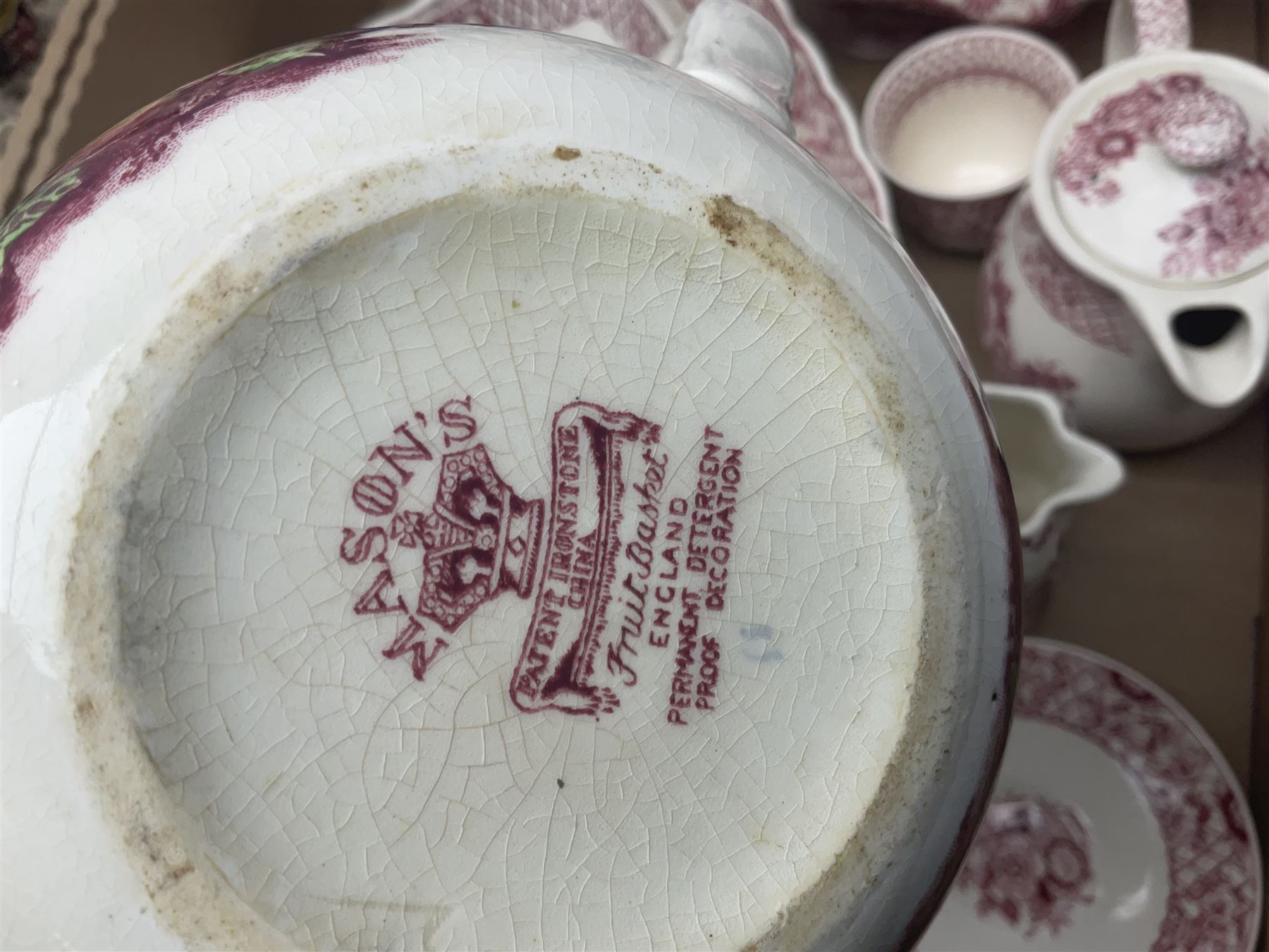 Masons Ironstone ceramics, including Double Landscape pattern plate and jar and cover, Fruit Basket pattern tea pots, etc, in two boxes