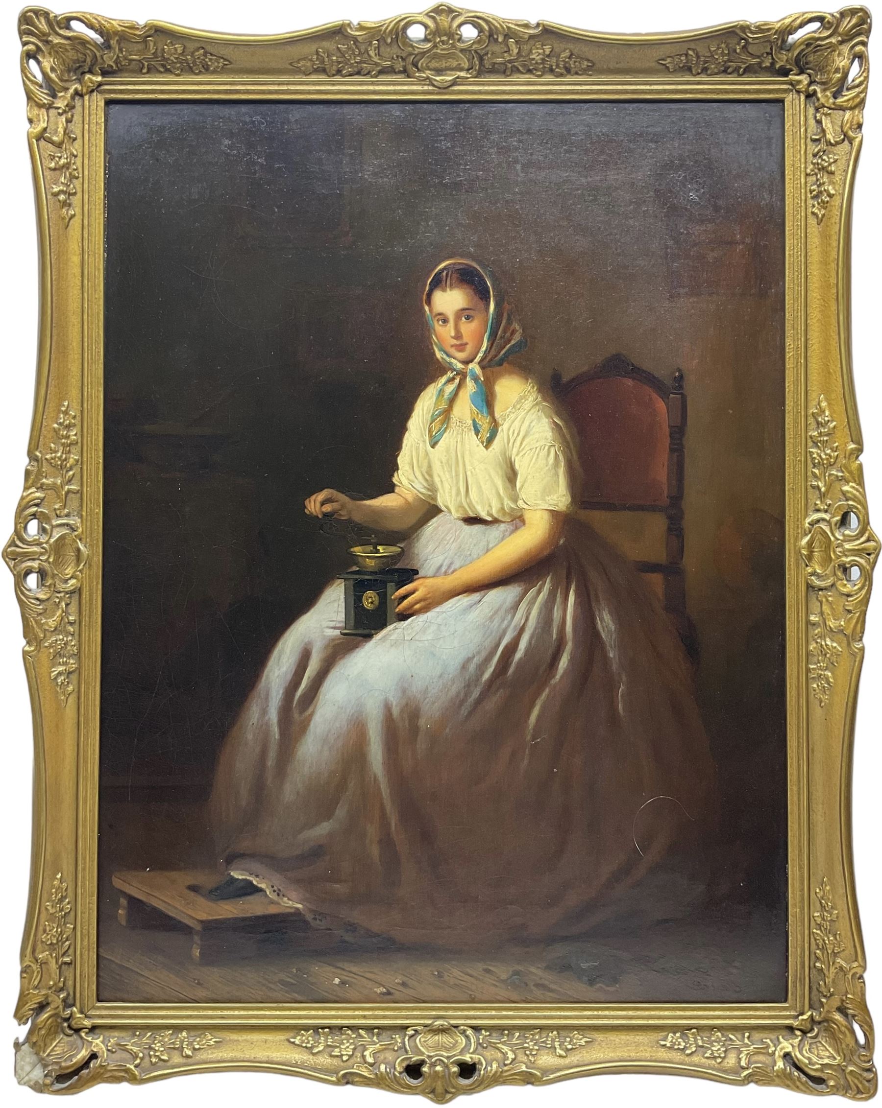 Anton Hölperl (Czech/Austrian 1820-1888): Girls Spinning, Embroidering and Grinding Coffee in Traditional Gowns, set three oils on canvas signed and dated 1863, 57cm x 43cm (3)