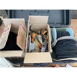 Trapezium halogen spotlight systems, outdoor lights, rolls of bungee courd with hooks and clips, together with ratchet straps in a large DeWalt case  - THIS LOT IS TO BE COLLECTED BY APPOINTMENT FROM DUGGLEBY STORAGE, GREAT HILL, EASTFIELD, SCARBOROUGH, YO11 3TX