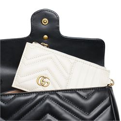 Gucci - GG Marmont mini chain shoulder bag, black matelassé chevron leather, flap front with antique-gold tone Double G hardware, the chain strap additionally fitted with contrasting ivory matelassé leather zip card pouch with Double G hardware, with original dust bag and box