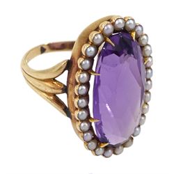 Victorian 9ct gold oval amethyst and seed pearl cluster ring, boxed