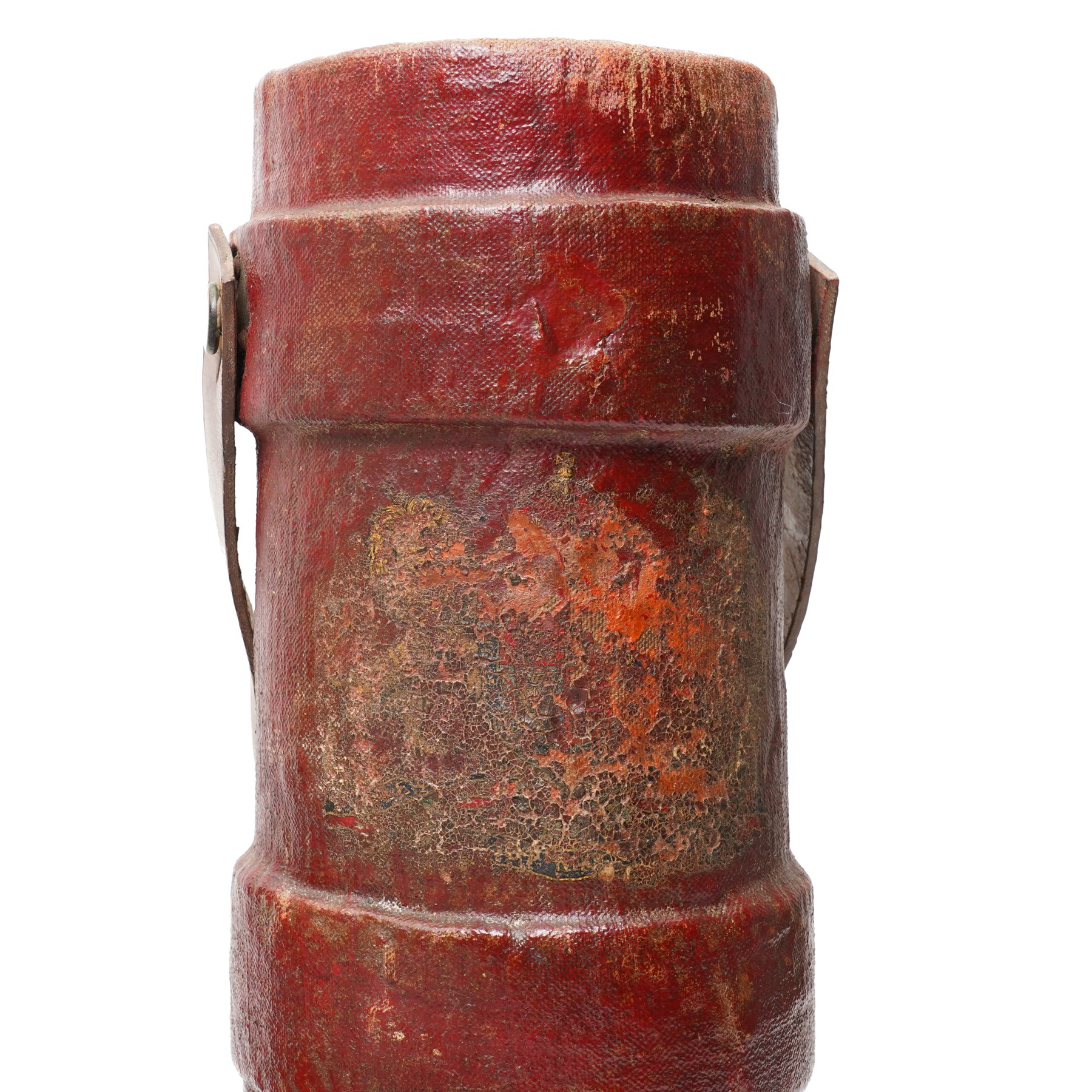 British military leather cordite shot carrier with coat of arms H52cm, Zuckerman Civil Defence helmet with liner and inscribed H.F.P. (Head of Fire Party),  and two gas masks
