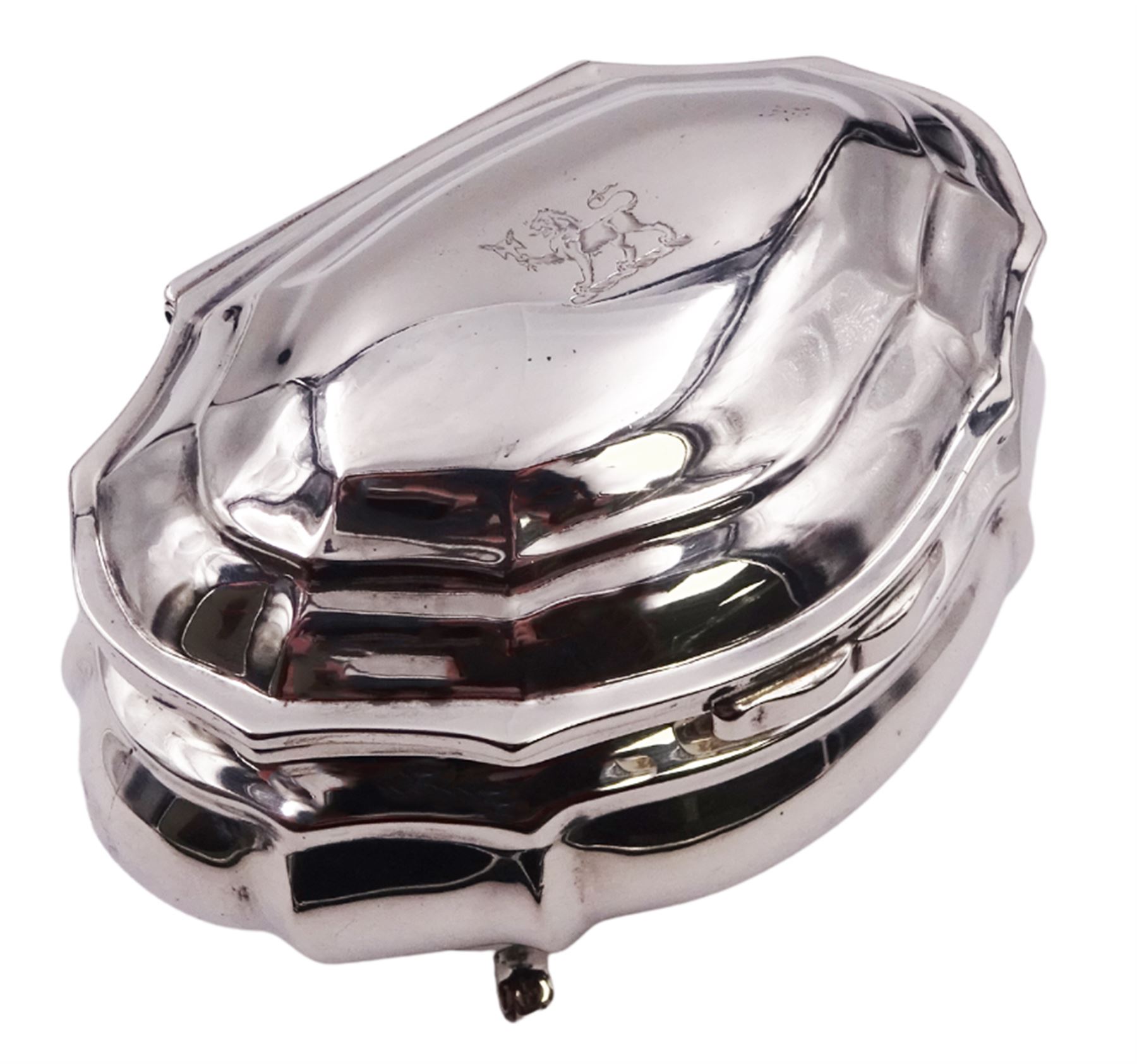 Edwardian silver tea caddy of bombe form, the hinged cover engraved with lion crest, upon four paw feet, hallmarked Goldsmiths & Silversmiths Co Ltd, London 1908, H8.5cm W10cm, approximate weight 5.25 ozt (163.2 grams)