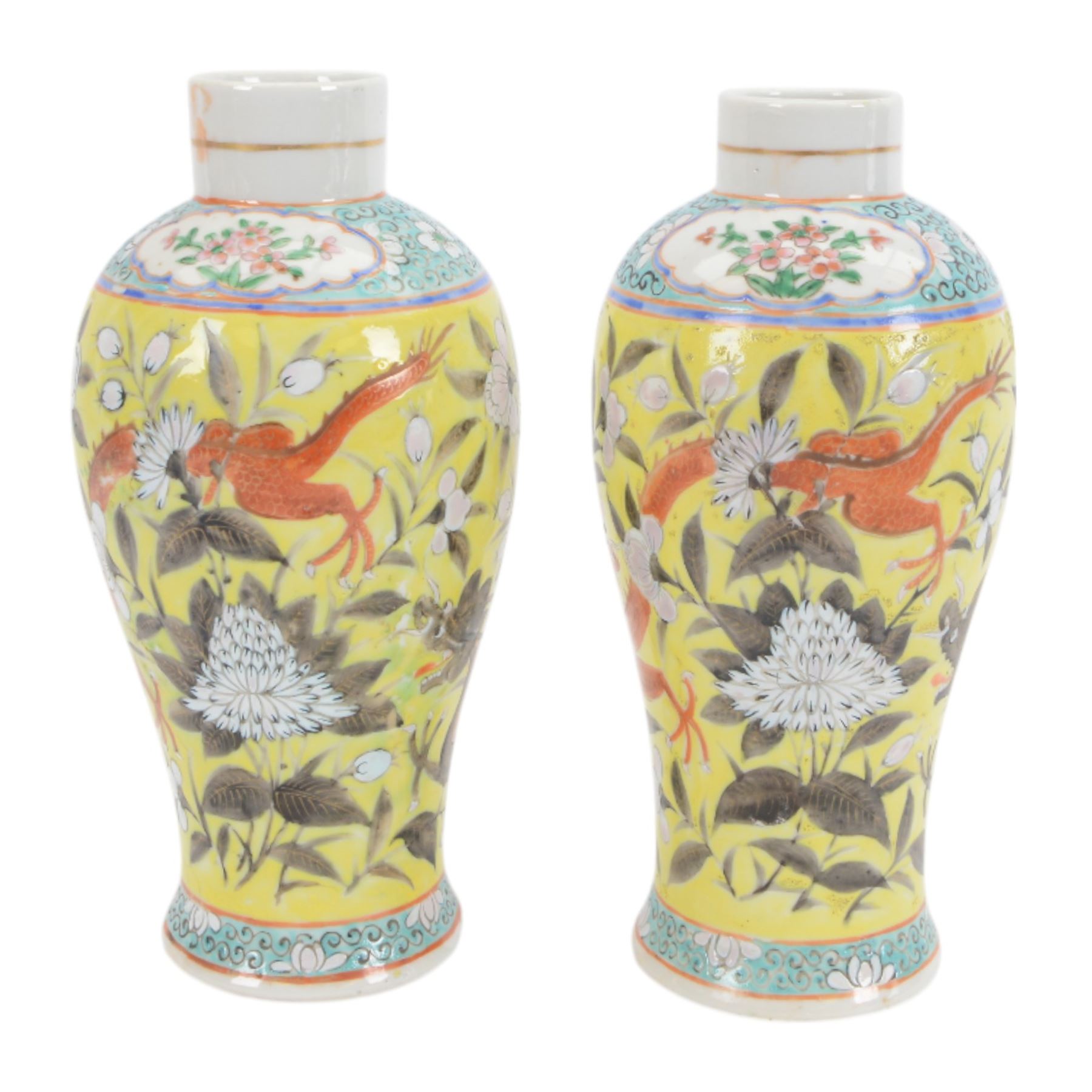 Pair of Chinese vases, of baluster form decorated with dragons amongst flowering peonies upon yellow ground, between bands of foliage, H24cm 
