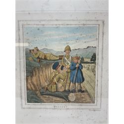 Early 20th century humorous military colour print entitled 'Reconnoitring' depicting three titled images 'Past', 'Presently' and 'Present'; published 1907 and signed on the mount by the artist C.S. Collison 38 x 73cm; Hogarth style frame