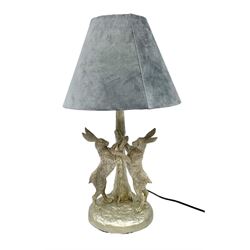 Silver composite table lamp, modelled as a pair of boxing hares, with a grey velvet shade, H45cm