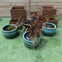 Three glazed circular garden pots, wooden wheel barrow and square planters (9) - THIS LOT IS TO BE COLLECTED BY APPOINTMENT FROM DUGGLEBY STORAGE, GREAT HILL, EASTFIELD, SCARBOROUGH, YO11 3TX