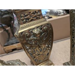 Brass twin handled planter, pair of pierced brass bottle neck vases and three other brass vases
