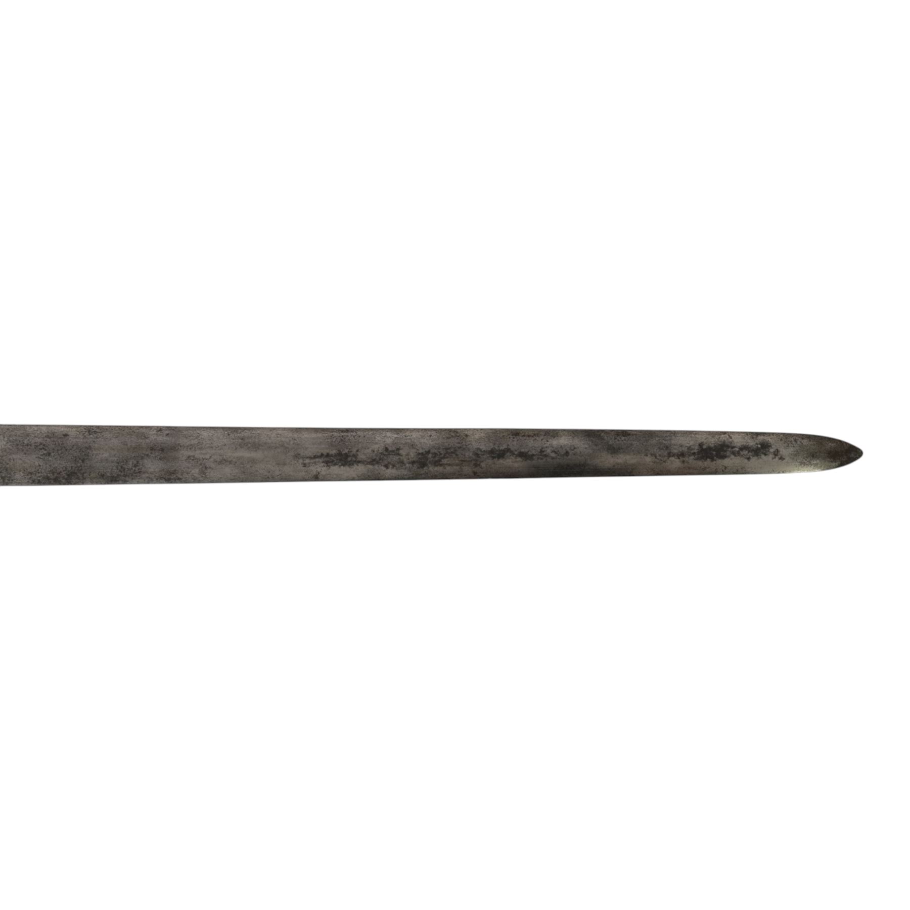 British Georgian Officers Sword, with 83cm double edged fullered blade engraved with with motifs and Osborn along with Warranted, with brass heart shaped guard and faux wire bound grip, with scabbard with twin suspension rings, overall length 100cm