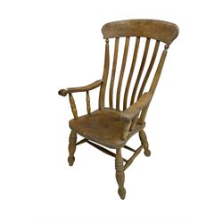 19th century elm and beech farmhouse armchair, high lath back over shaped saddle seat, scrolled arm terminals over ring turned spindle supports, raised on turned supports united by double H-stretcher