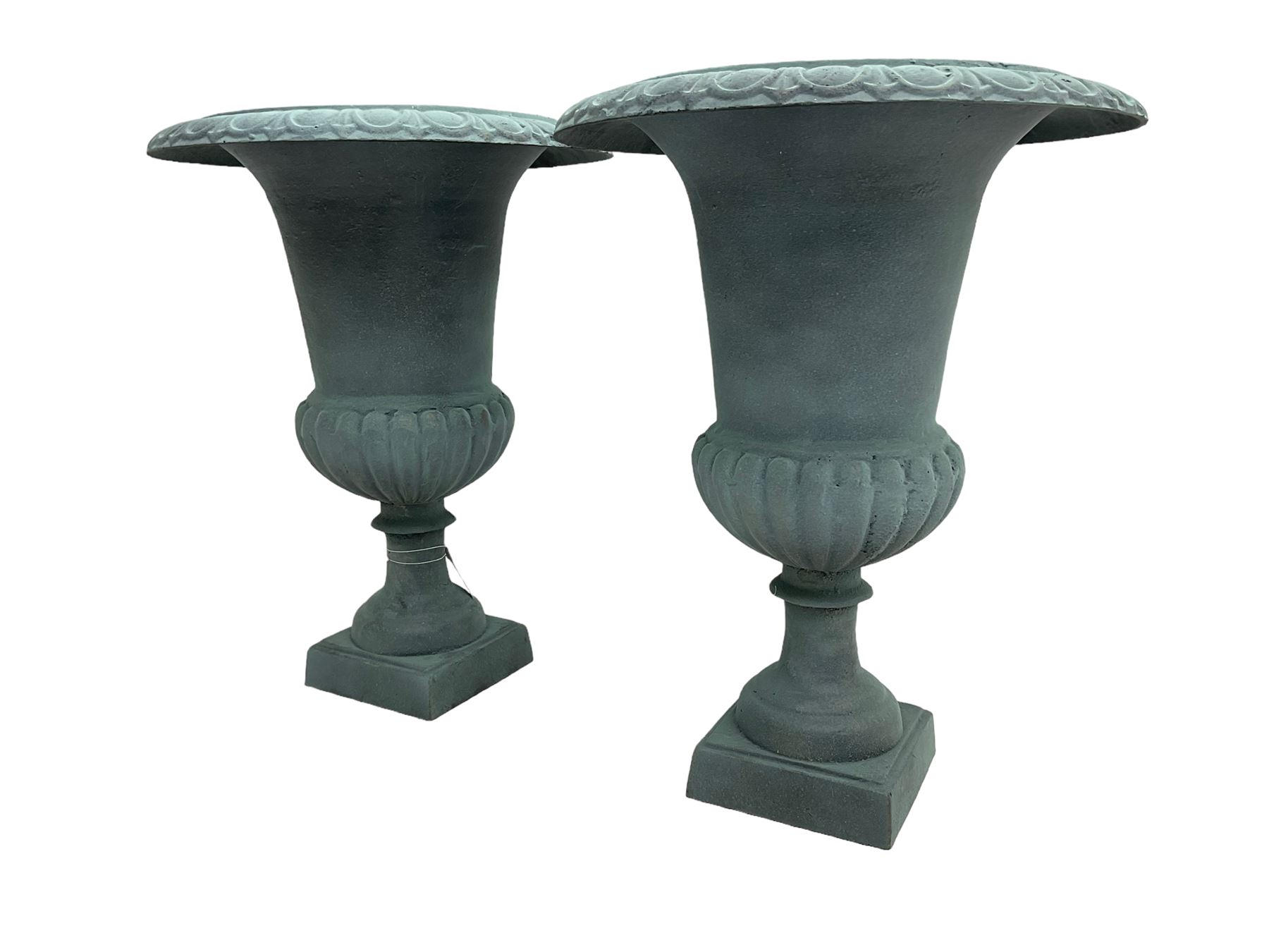 Pair of Victorian design teal painted cast iron campana shaped garden urns, egg and dart rim over a gadrooned underbelly, tapering column on square plinth base - THIS LOT IS TO BE COLLECTED BY APPOINTMENT FROM DUGGLEBY STORAGE, GREAT HILL, EASTFIELD, SCARBOROUGH, YO11 3TX
