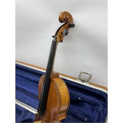 Early 20th century German Ernst Kreusler violin with 36cm two-piece maple back and ribs and spruce top, bears label 'Ernst Kreusler Dresden Anno 1925  Hand made reproduction of Antonius Stradivarius Cremona', overall L59cm; in hard carrying case