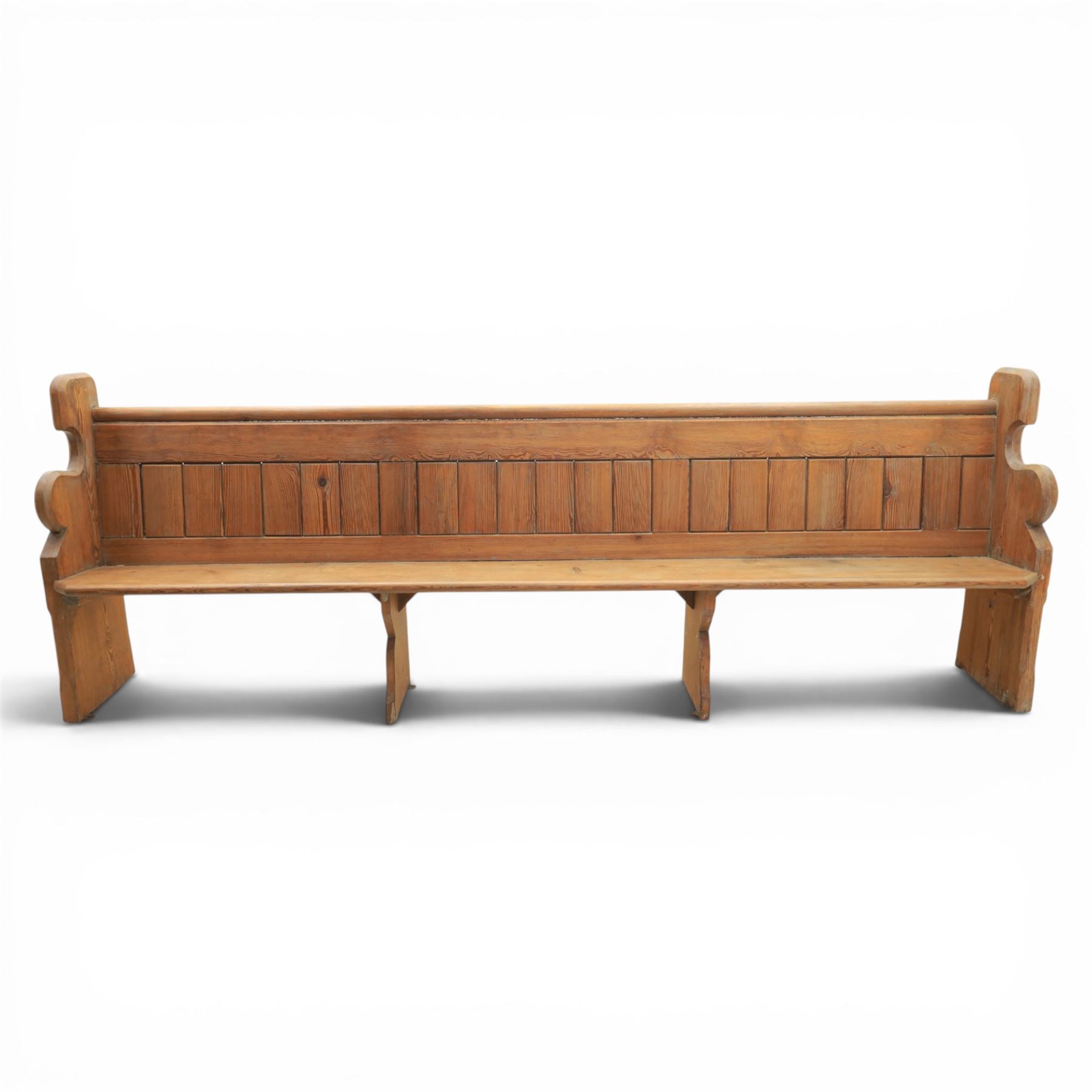 Victorian pitch pine church pew, tongue and groove back with rear shelf, shaped sides and supports 