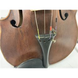 Full size violin and bow in a wooden constructed fitted case, back length 35cm, full length 60cm