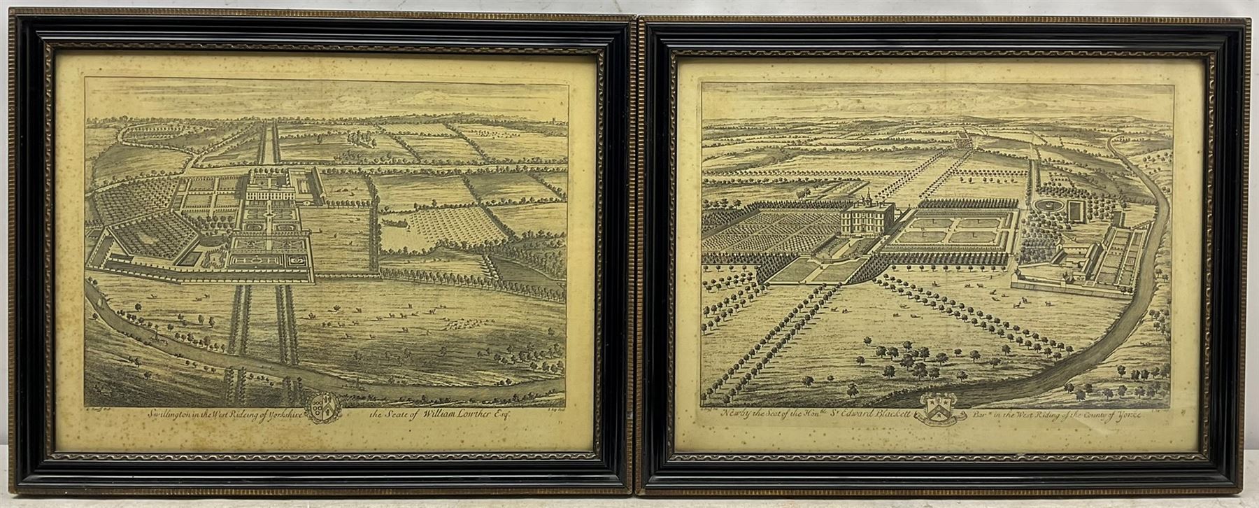 Johannes 'Jan' Kip (Dutch 1653-1722) and Leonard Knyff (Dutch 1650-1722): Yorkshire Topographical Views, comprising: 'Ingleby Manor', 'Constable Burton', 'Great Ribston', 'Whixley', 'Spotbrough', 'Newby' and 'Swillington', set seven 18th century engravings 40cm x 53cm (7)