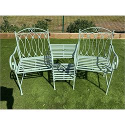 Green finish wrought metal garden two seat bench set, small joining two tier table with parasol centre