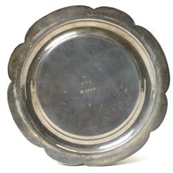 Large silver plated flagon probably by James Dixon with tapering lift, scroll handle and spreading lobed base H37cm, plated chalice with gilded interior by the same maker H21cm, plate chest with baize lined interior and countersunk handles W52cm and a pine stationery box