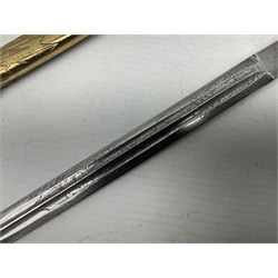 WW2 German kreigsmarine style dagger composed from various age parts, the post-war 25cm double fullered blade  with etched decoration and inscribed WKC with knight's head; in gilt brass scabbard with two rings L42cm overall