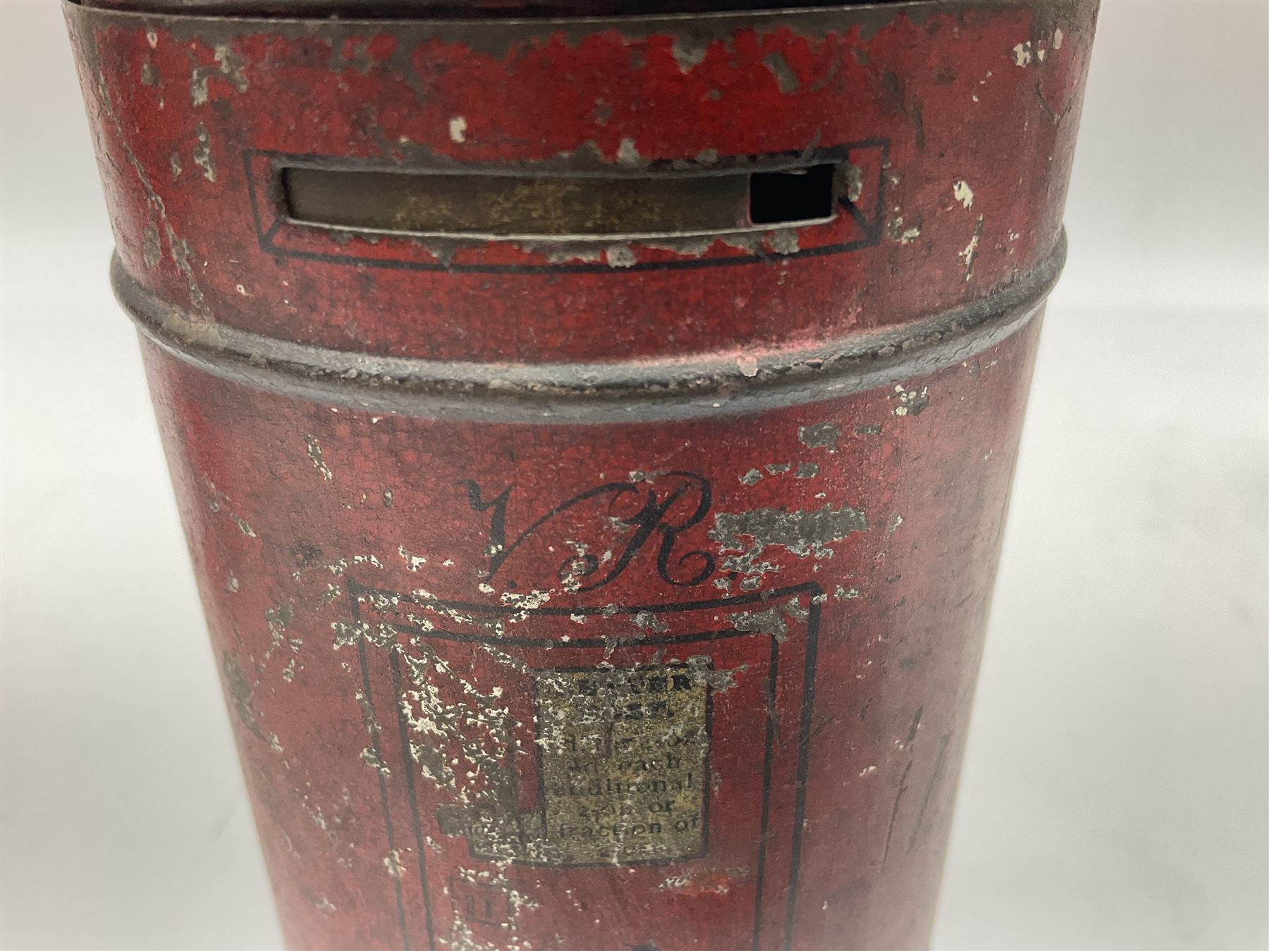 Collection of tin plate money boxes in the form of Royal Mail post boxes, to include four Chad Valley examples, one with key and others similar,  marked VR, GR and ER (10)