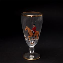 Set of ten painted glasses and jug, with geese and hunting scenes, jug H20cm 